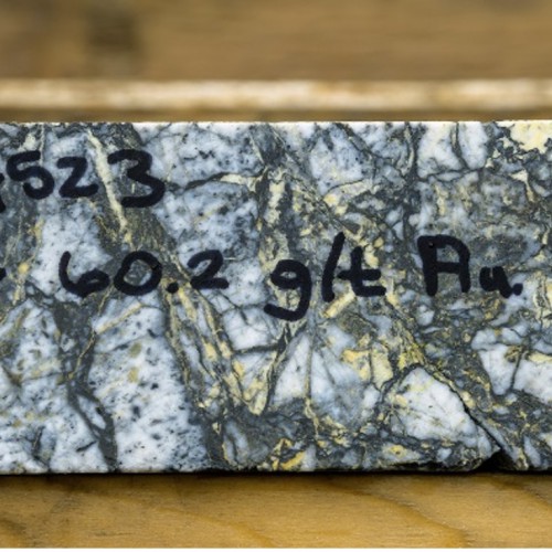 Auriferous arsenopyrite flooded quartz vein breccia carrying 60.2 gpt Au over a 30cm sample from 326.0 m within the C West Main zone of gold mineralization interval of 24.2 gpt Au over 6.6 m from 323.0 m in hole 21-1783E1.