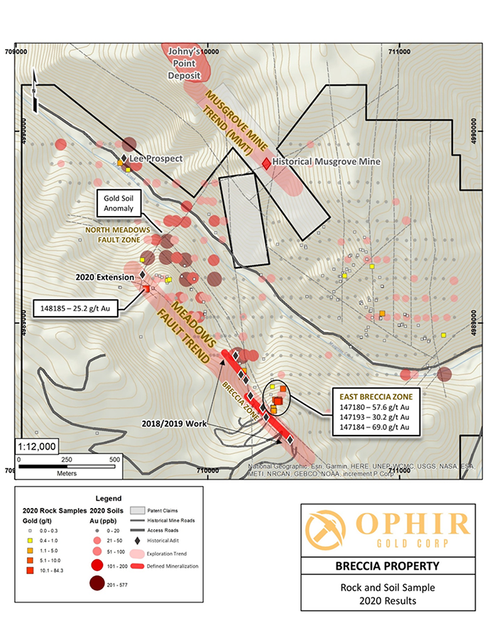 2020 rock and soil sample result summary (source:  Ophir Gold Corp.)